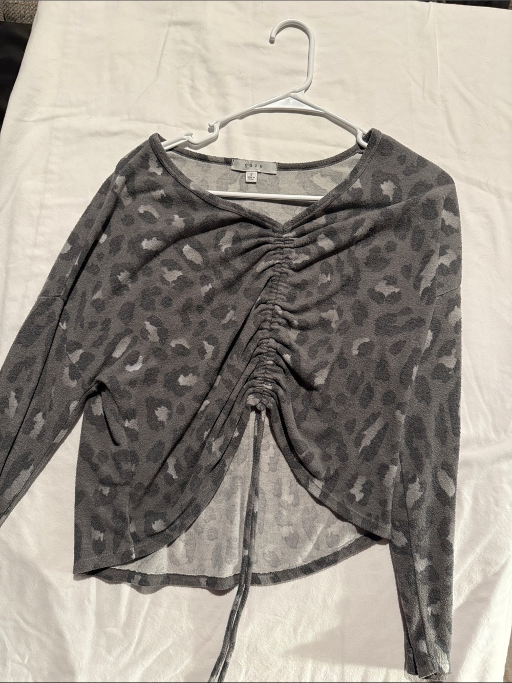 gaze Grey Leopard Ruched Front Long Sleeve Crop Top